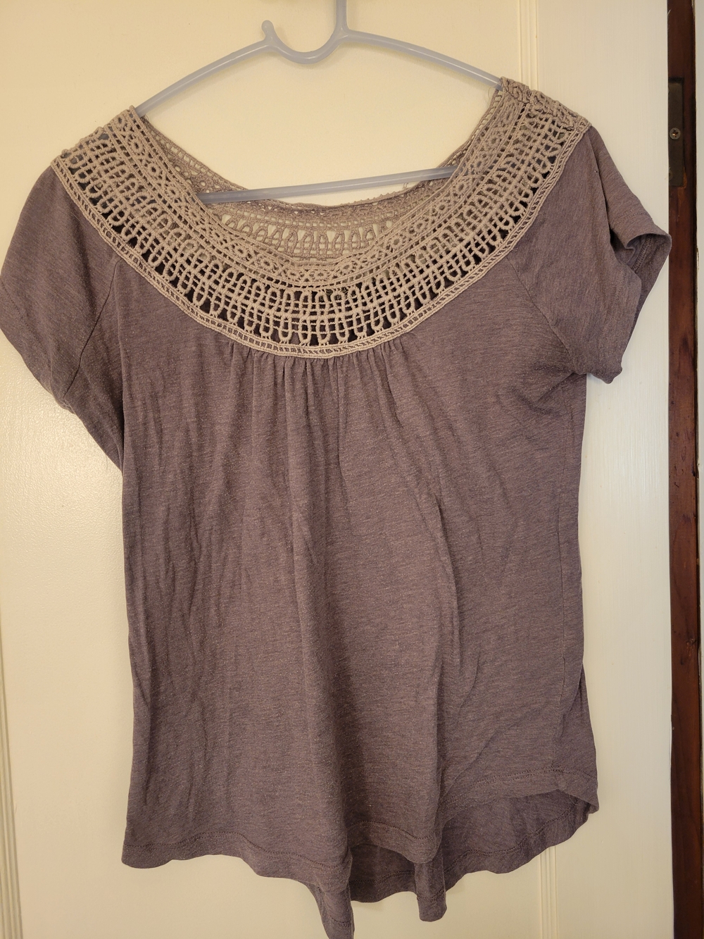 Prana Purple Greyish Short Sleeve Top with Lavender  Crochet Yoke